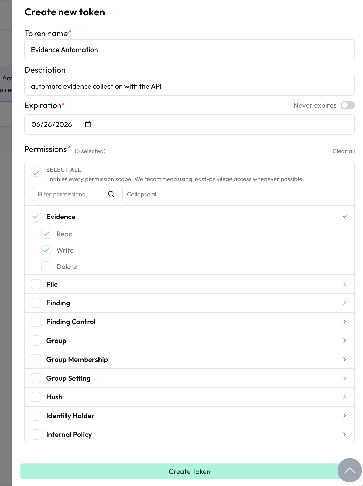 Create API token form