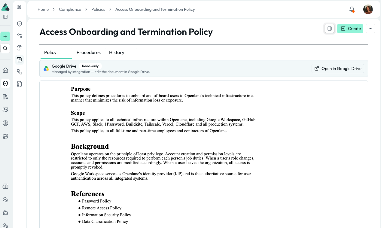 google drive policy view in openlane