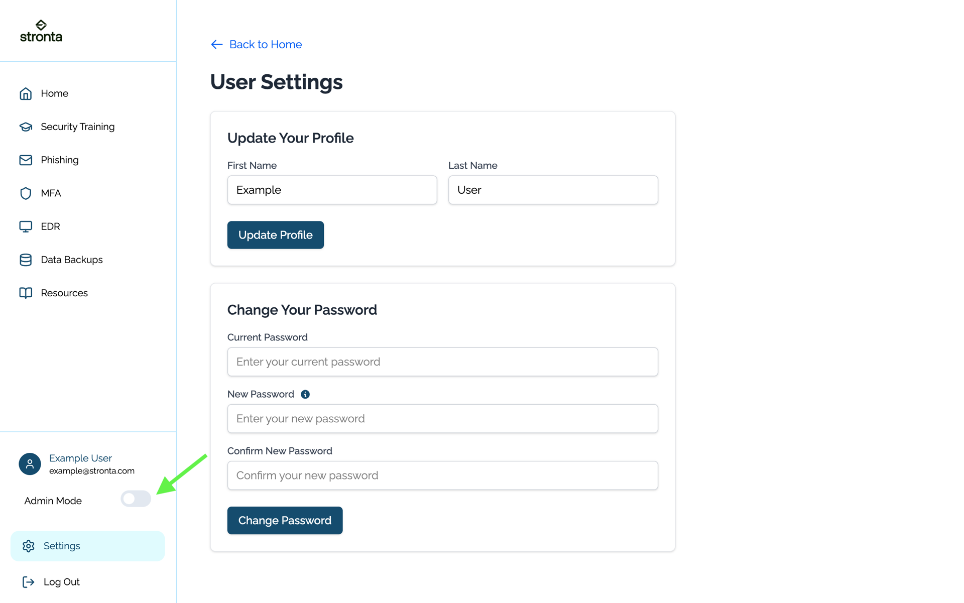 stronta admin mode in the lower left navigation