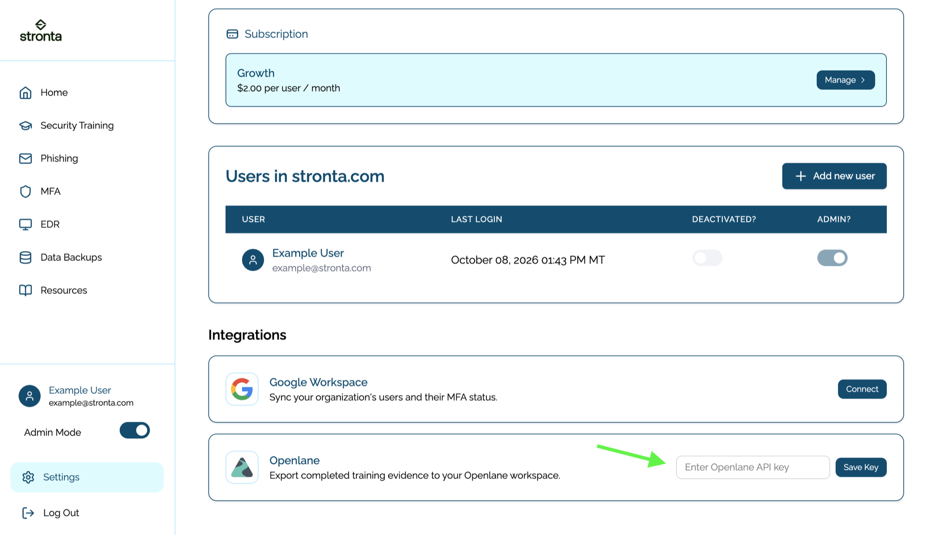 entering an openlane api key in the stronta openlane integration
