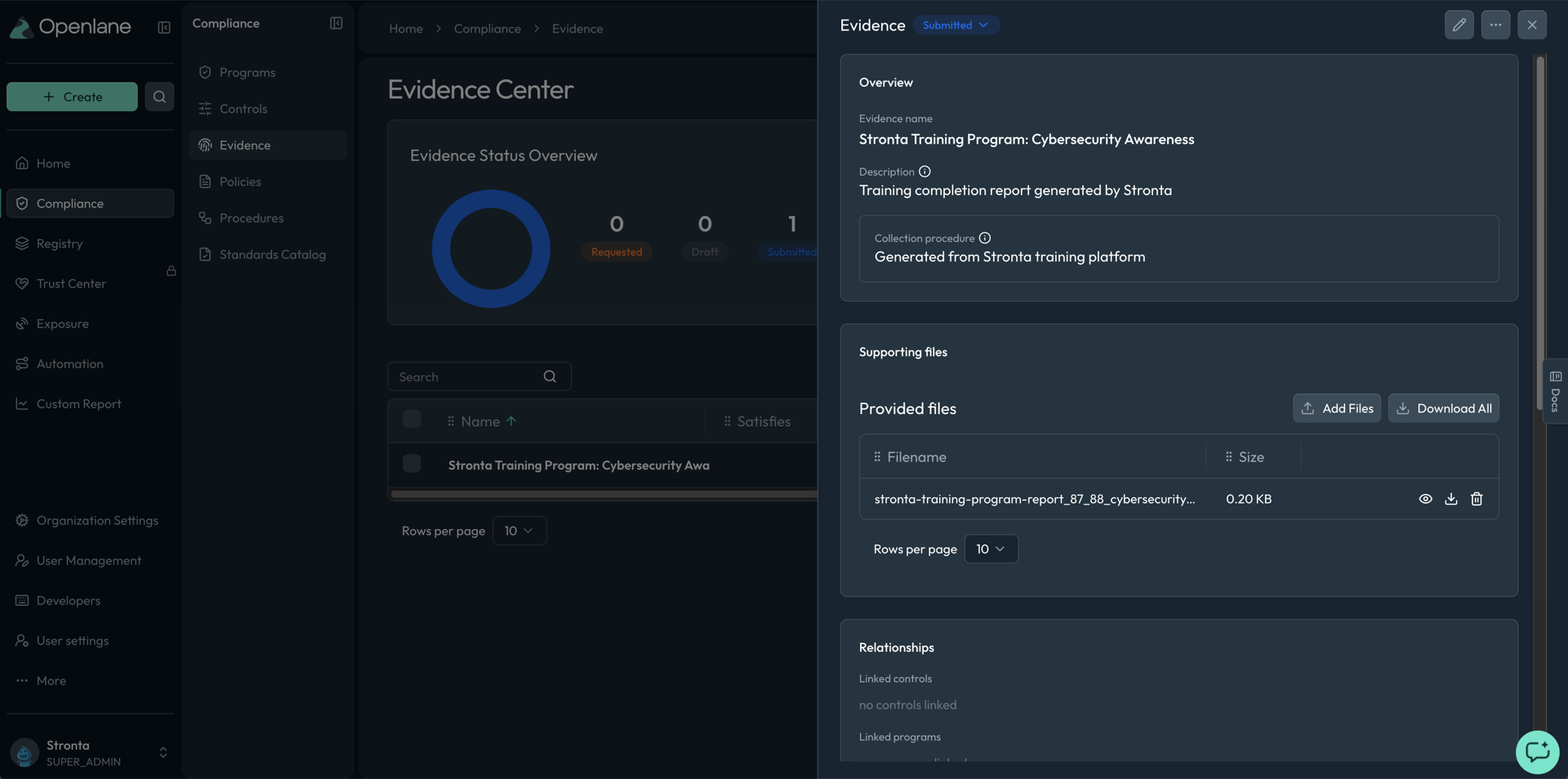 stronta training evidence record in the openlane evidence center