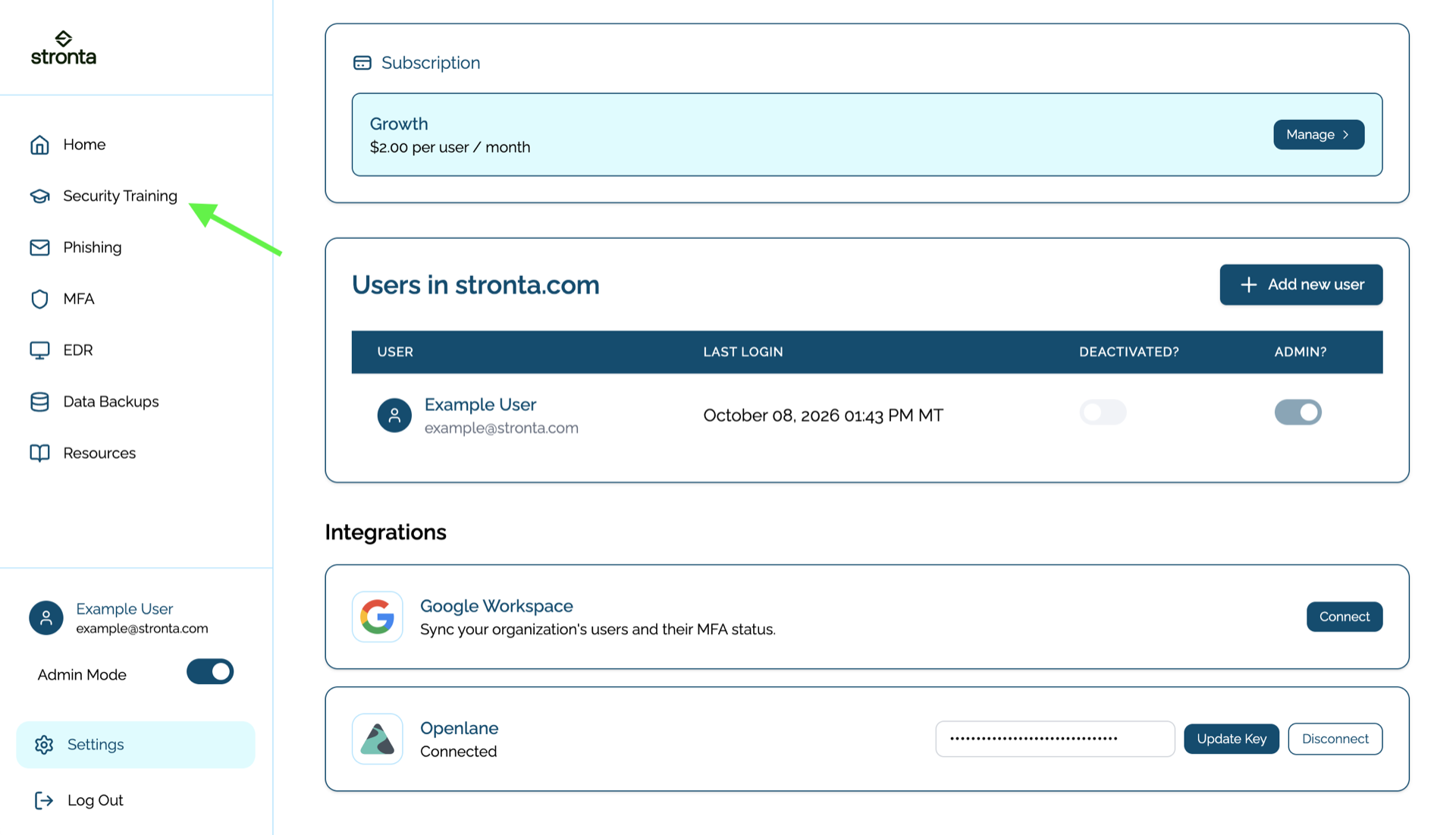 stronta security training in the left navigation
